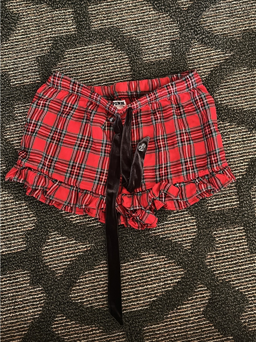 PINK Victoria's Secret Red Plaid Ruffle Lounge Shorts with Black Velvet Tie